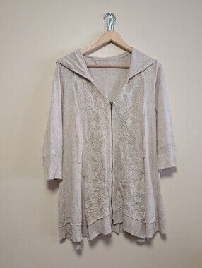 Caite Medium Embroidered Floral Longline Zip Hoodie Boho Artsy Cotton